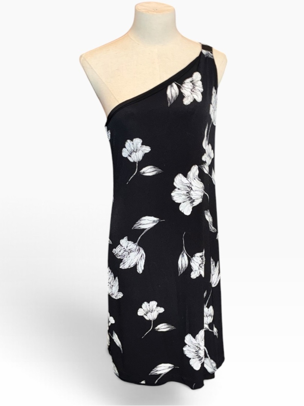 White House Black Market Floral One-Shoulder Mini Dress Black & White Size M